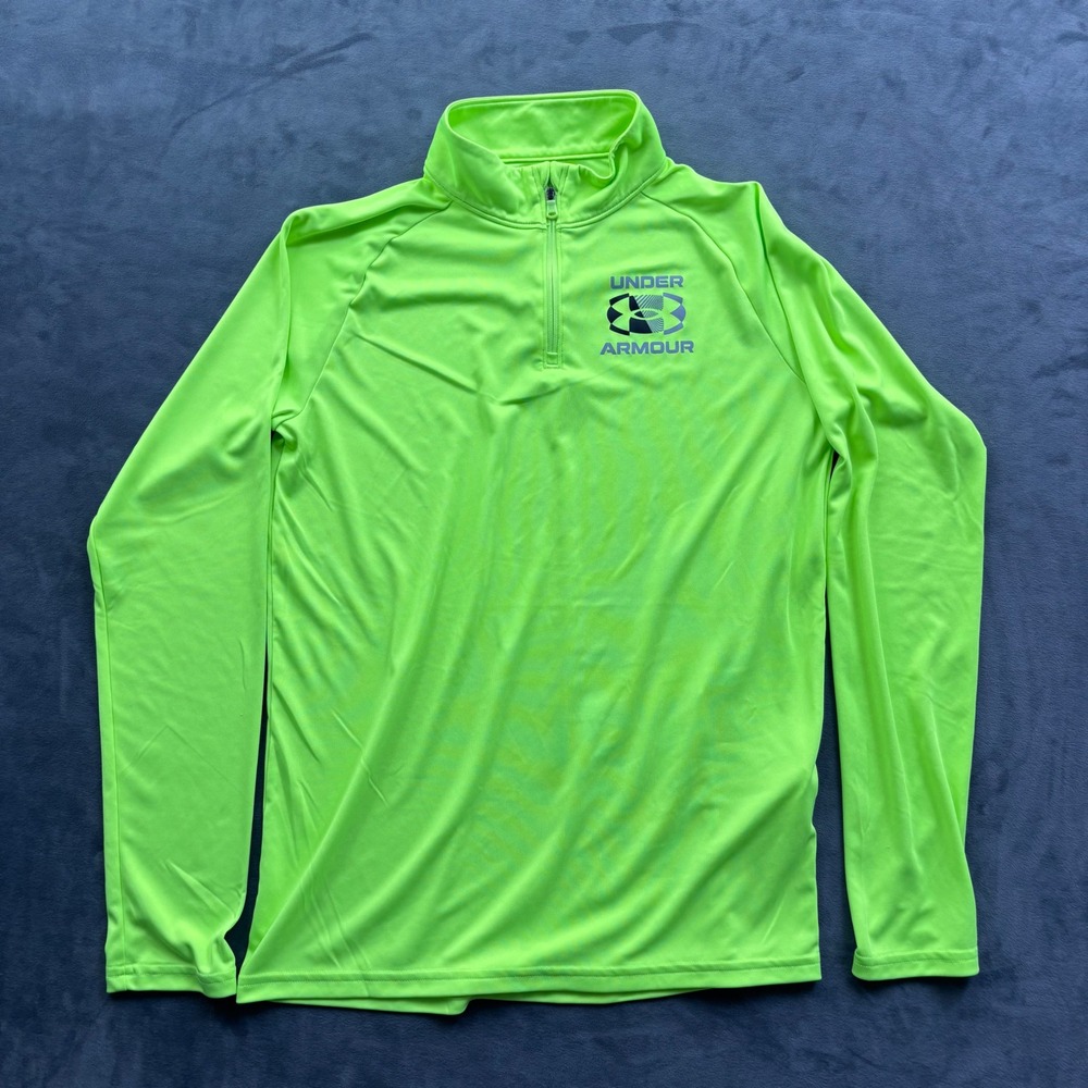Under Armour Boys YXL Neon Lime Green 1/4 Zip Pullover Long Sleeve Shirt Logo